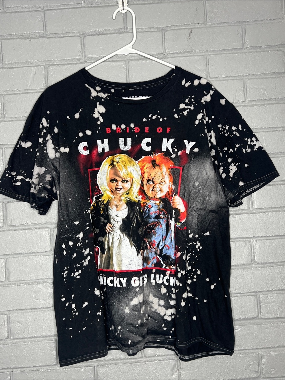 Bride of Chucky "Chucky Gets Lucky" Black Splatter Unisex Graphic Tee Size XL